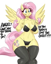 Size: 3000x3762 | Tagged: suggestive, artist:flutterthrash, derpibooru import, fluttershy, anthro, pegasus, plantigrade anthro, belly button, blush lines, blushing, bra, breasts, busty fluttershy, cleavage, clothes, cutie mark, dialogue, female, g4, image, implied angel bunny, jpeg, legs, midriff, panties, simple background, socks, solo, solo female, stockings, thigh gap, thigh highs, thighs, underass, underwear, white background, wide hips, wings