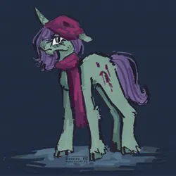 Size: 1562x1564 | Tagged: safe, artist:venus_ai_, derpibooru import, onyx, pony, unicorn, g5, angry, clothes, eyelashes, female, frown, green coat, hat, horn, image, jpeg, looking at each other, looking at someone, mare, markings, puddle, purple mane, scarf, unshorn fetlocks, wet, wet mane