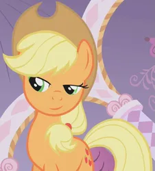 Size: 525x580 | Tagged: safe, derpibooru import, edit, edited screencap, editor:twilyisbestpone, screencap, applejack, earth pony, pony, season 1, suited for success, amused, applejack is amused, carousel boutique, cropped, female, g4, image, inverted mouth, lidded eyes, mare, png, smiling, solo