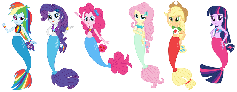 Size: 6470x2530 | Tagged: safe, artist:rebelprincess59, derpibooru import, applejack, fluttershy, pinkie pie, rainbow dash, rarity, sci-twi, twilight sparkle, mermaid, equestria girls, magical mystery cure, female, g4, humane five, humane six, image, mermaidized, png, simple background, species swap, swapped cutie marks, white background