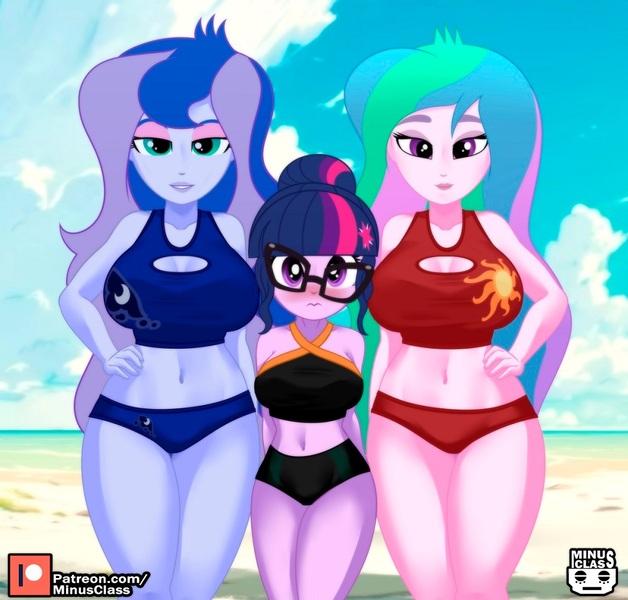 Size: 1000x955 | Tagged: safe, artist:minusclass, derpibooru import, princess celestia, princess luna, sci-twi, twilight sparkle, human, equestria girls, 2d, beach, belly button, bikini, bikini bottom, bikini top, blushing, breasts, busty princess celestia, busty princess luna, clothes, cloud, eyeshadow, female, g4, glasses, hair bun, hand on hip, height difference, image, jpeg, legs together, lipstick, looking at you, makeup, midriff, outdoors, patreon, patreon logo, principal celestia, sandwiched, sideburns, sky, swimsuit, thighs, vice principal luna, wide hips