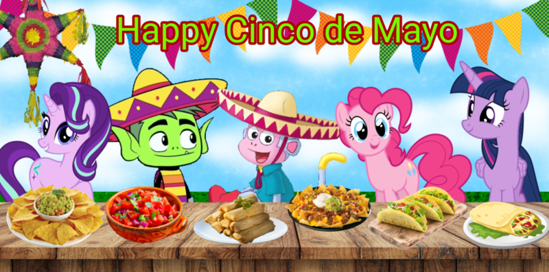 Size: 944x469 | Tagged: safe, artist:lizzmcclin, derpibooru import, pinkie pie, starlight glimmer, twilight sparkle, alicorn, earth pony, unicorn, beast boy, boots the monkey, cinco de mayo, dc comics, dora the explorer, female, food, hat, horn, image, male, mexico, png, sombrero, teen titans go