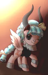 Size: 1091x1713 | Tagged: safe, artist:ninkitka, derpibooru import, cozy glow, alicorn, pony, clothes, cosplay, costume, cute, fake horn, female, filly, foal, g4, image, implied lord tirek, png, solo