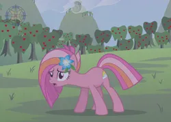 Size: 3500x2500 | Tagged: safe, artist:r4hucksake, derpibooru import, oc, oc:meadow sunrise, unofficial characters only, earth pony, pony, apple, apple tree, female, flower, flower in hair, food, image, mare, png, rain, solo, standing, tree