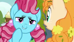 Size: 1920x1088 | Tagged: safe, derpibooru import, screencap, cup cake, pear butter, earth pony, pony, season 7, the perfect pear, chiffon swirl, female, females only, g4, image, jpeg, lidded eyes, smiling, teasing