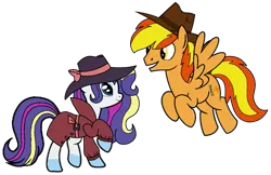 Size: 1047x679 | Tagged: safe, artist:noi kincade, derpibooru import, rarity, oc, oc:firey ratchet, pegasus, unicorn, clothes, detective, detective rarity, fedora, female, hat, horn, image, male, png, rainbow power, simple background, transparent background, trenchcoat