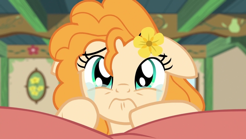 Size: 1920x1088 | Tagged: safe, derpibooru import, screencap, pear butter, season 7, the perfect pear, bedroom, crying, female, frown, g4, hooves, image, jpeg, pillow, solo, solo female, sparkly eyes, tears of pain, wingding eyes