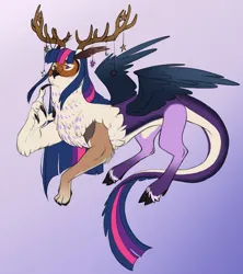 Size: 5406x6082 | Tagged: safe, artist:chub-wub, derpibooru import, twilight sparkle, bird, draconequus, owl, absurd resolution, alternate hairstyle, antlers, beak, chest fluff, claws, cloven hooves, coat markings, colored belly, colored ears, colored fetlocks, colored hooves, colored sclera, colored wings, draconequified, face fluff, feather ears, female, g4, glasses, gradient background, gradient wings, horn, horn accessory, horns, image, in air, jpeg, leonine tail, long mane, long tail, looking back, multicolored mane, multicolored tail, pale belly, paws, purple eyes, raised leg, requested art, round glasses, sharp claws, small glasses, socks (coat marking), solo, species swap, spread wings, straight mane, straight tail, tail, twikonequus, two toned eyes, unshorn fetlocks, wings, yellow sclera