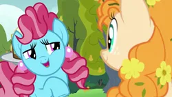 Size: 1920x1088 | Tagged: safe, derpibooru import, screencap, cup cake, pear butter, earth pony, pony, season 7, the perfect pear, chiffon swirl, duo, duo female, female, g4, image, jpeg, lidded eyes, looking at each other, looking at someone, smiling, teasing