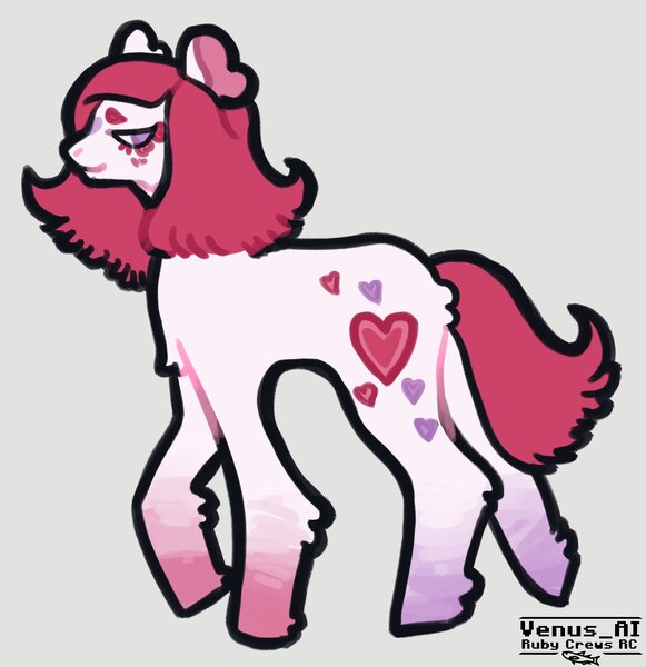 Size: 1600x1652 | Tagged: safe, artist:venus_ai_, derpibooru import, sweetheart, earth pony, pony, g1, alternate color palette, alternate cutie mark, alternate hairstyle, alternate tail color, facial markings, floppy ears, gradient hooves, gradient legs, gray background, image, jpeg, pink coat, pose, purple eyes, red mane, red tail, signature, simple background, tail