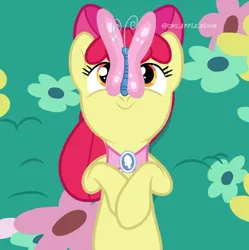 Size: 864x867 | Tagged: safe, artist:cmc.apple.bloom, derpibooru import, apple bloom, butterfly, earth pony, insect, pony, the last problem, butterfly on nose, female, g4, image, insect on nose, jpeg, mare, older, older apple bloom, solo