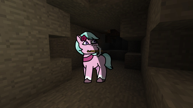 Size: 1280x720 | Tagged: safe, artist:josephthedumbimpostor, derpibooru import, earth pony, pony, g5, cave, dahlia, image, minecraft, mouth hold, pickaxe, png