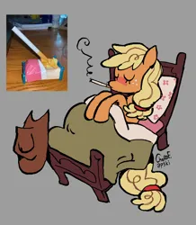 Size: 2938x3368 | Tagged: safe, artist:dartoons, derpibooru import, applejack, earth pony, pony, bed, cigarette, eyes closed, female, g4, gray background, hat off, image, mare, meme, on bed, png, simple background, sleeping, smoking, solo, toy interpretation