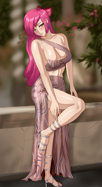 Size: 1048x1920 | Tagged: suggestive, artist:thebrokencog, derpibooru import, apple bloom, human, adult, beautiful, beautisexy, bow, breasts, busty apple bloom, clothes, cog's glamour girls, commission, dress, ear piercing, earring, female, hair bow, humanized, image, jewelry, legs, looking at you, older, older apple bloom, piercing, png, sandals, shoes, solo, solo female, stupid sexy apple bloom