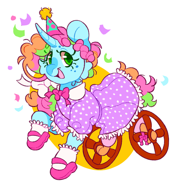 Size: 2023x2048 | Tagged: safe, artist:cocopudu, derpibooru import, oc, oc:sherbet blossom, unofficial characters only, pony, unicorn, bowtie, clothes, confetti, dress, female, freckles, hat, horn, image, mare, mary janes, missing limb, open mouth, open smile, party hat, png, polka dots, shoes, simple background, smiling, socks, solo, white background