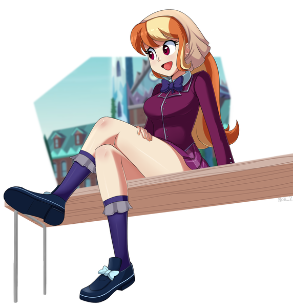 Size: 2212x2320 | Tagged: safe, artist:nok_2, artist:twilite-sparkleplz, derpibooru import, oc, oc:mandarine mélange, equestria girls, bench, clothes, collaboration, crystal prep academy uniform, cute, feet, female, g4, image, legs, png, school uniform, shoes, skirt, solo, solo female