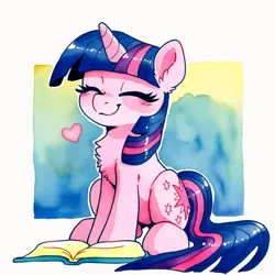 Size: 1024x1024 | Tagged: safe, ai content, anonymous prompter, derpibooru import, machine learning generated, twilight sparkle, pony, unicorn, blush lines, blushing, book, chest fluff, digital watercolor, ear fluff, eyes closed, female, floating heart, full body, g4, generator needed, happy, heart, horn, image, mare, png, sitting, smiling, solo, unicorn twilight