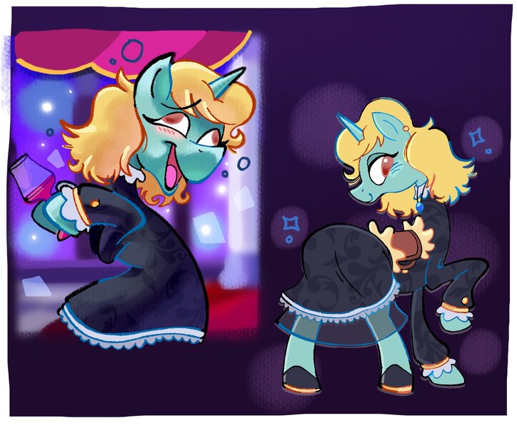 Size: 2048x1698 | Tagged: safe, artist:chipchapp, derpibooru import, oc, oc:kit kat, unofficial characters only, pony, unicorn, abstract background, black dress, blonde mane, border, brown eyes, canterlot castle interior, clothes, colored, curtains, dancing, derp, dress, drink, drunk, drunk bubbles, duality, eyelashes, female, frilly dress, gala dress, gala outfit, glass, hoof hold, hoof shoes, horn, image, indoors, jpeg, lidded eyes, looking back, mare, mint coat, open mouth, open smile, raised hoof, smiling, solo, sparkles, standing, unicorn horn, unicorn oc