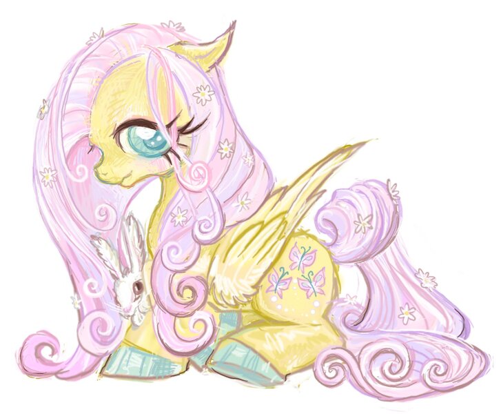 Size: 1560x1287 | Tagged: safe, artist:eyerealm, derpibooru import, angel bunny, fluttershy, pegasus, pony, rabbit, alternate design, animal, big eyes, blushing, colored hooves, curly mane, curly tail, duo, duo male and female, eyelashes, female, flower, flower in hair, flower in tail, folded wings, g4, image, jpeg, lidded eyes, male, mare, pink mane, pink tail, profile, shiny hooves, simple background, sitting, smiling, solo, tail, teal eyes, white background, wing fluff, wingding eyes, wings, yellow coat