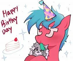 Size: 2048x1726 | Tagged: safe, artist:petaltwinkle, derpibooru import, oc, oc:cj (chikin), unofficial characters only, pony, unicorn, birthday art, blue mane, blushing, cake, five nights at freddy's, five nights at freddy's: security breach, food, gift art, hat, hat on horn, hoof hold, horn, image, jpeg, male, party hat, plushie, red coat, roxanne wolf, simple background, smiling, solo, sparkles, stallion, text, unicorn oc, unusual eyes, unusual pupils, white background