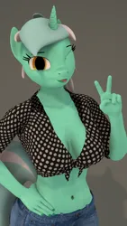 Size: 2160x3840 | Tagged: safe, alternate version, artist:~stuffguy123, derpibooru import, lyra heartstrings, anthro, 3d, belly button, clothes, hand on hip, image, looking at you, one eye closed, peace sign, png, simple background, source filmmaker, tongue out, wink