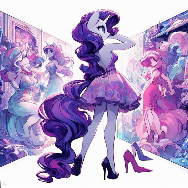 Size: 1024x1024 | Tagged: safe, ai content, derpibooru import, machine learning generated, rarity, anthro, abstract background, adorasexy, backless, clothes, cute, dress, female, g4, high heels, image, jpeg, prompter:horselover fat, rear view, sexy, shoes, simple background, standing, white background
