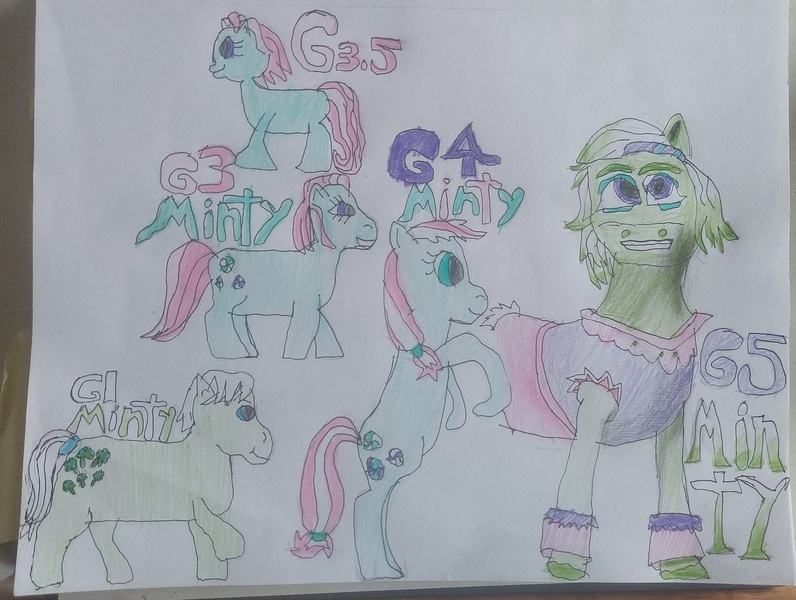 Size: 3455x2603 | Tagged: safe, artist:blackblade360, derpibooru import, minty, minty (g1), minty (g4), earth pony, pony, g1, g3, g5, bow, colored pencil drawing, detailed mane, female, g3.5, g4, generation leap, green coat, image, jpeg, mare, minty (g5), missing cutie mark, multiple characters, outfit, pink mane, rearing, shading, smiling, tail, tail bow, title card, traditional art, two toned mane, two toned tail, white mane