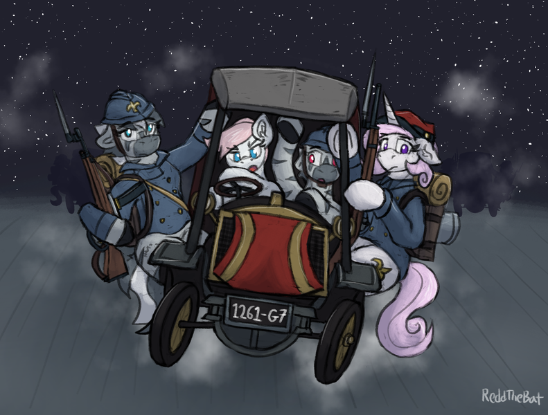 Size: 1811x1373 | Tagged: safe, artist:reddthebat, derpibooru import, fleur-de-lis, nurse redheart, zecora, earth pony, pony, unicorn, zebra, g4, car, female, gun, horn, image, mare, png, redd's great war universe, rifle, taxi, weapon, world war i