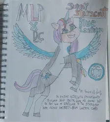 Size: 2604x2904 | Tagged: safe, artist:blackblade360, derpibooru import, sunny starscout, alicorn, pony, g5, my little pony: a new generation, alternate cutie mark, artificial alicorn, blue lantern, blue wings, clothes, colored pencil drawing, crossover, dc comics, emotional spectrum, female, flying, image, jpeg, logo, looking up, mane stripe sunny, mare, multicolored mane, orange coat, race swap, smiling, spread wings, sunnycorn, superhero, superhero costume, tail, title card, traditional art, two toned tail, uniform, unshorn fetlocks, wings