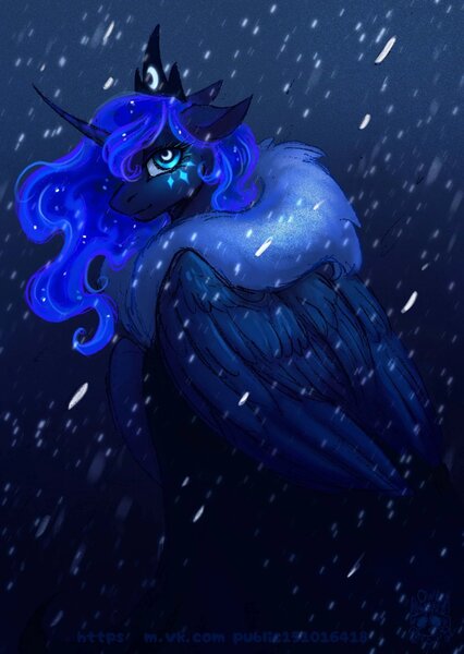 Size: 1453x2048 | Tagged: safe, artist:owl_clare, derpibooru import, princess luna, alicorn, pony, clothes, curved horn, female, g4, horn, image, jewelry, jpeg, mare, regalia, snow, snowfall, solo, wingding eyes