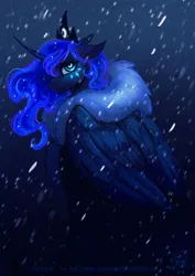 Size: 1453x2048 | Tagged: safe, artist:owl_clare, derpibooru import, princess luna, alicorn, pony, clothes, curved horn, female, g4, horn, image, jewelry, jpeg, mare, regalia, snow, snowfall, solo, wingding eyes