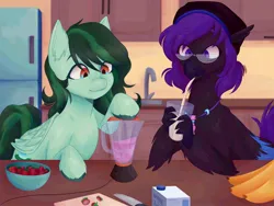 Size: 2224x1668 | Tagged: safe, artist:_saharts, derpibooru import, oc, oc:eden shallowleaf, oc:luminous breeze, hippogriff, pegasus, pony, blender (object), commissioner:rainbowdash69, drink, food, hippogriff oc, image, jpeg, milkshake, pegasus oc, straw, straw in mouth, strawberry, wings