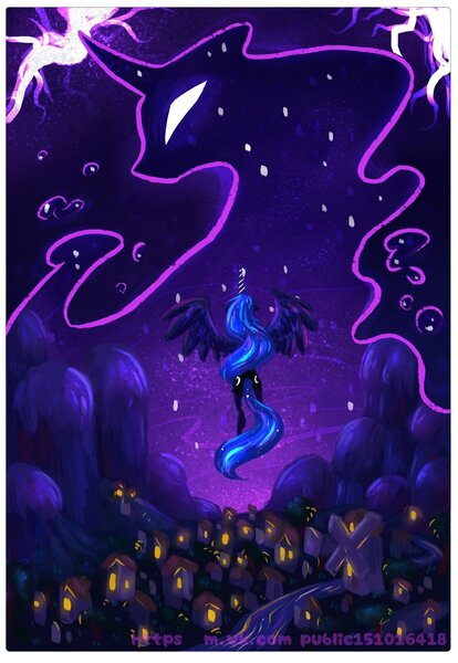 Size: 1491x2160 | Tagged: safe, artist:owl_clare, derpibooru import, princess luna, tantabus, alicorn, pony, unicorn, duo, female, flying, g4, horn, image, jpeg, mare, mountain, night, ponyville, river, scenery, spread wings, water, wings