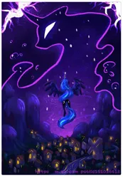 Size: 1491x2160 | Tagged: safe, artist:owl_clare, derpibooru import, princess luna, tantabus, alicorn, pony, unicorn, duo, female, flying, g4, horn, image, jpeg, mare, mountain, night, ponyville, river, scenery, spread wings, water, wings