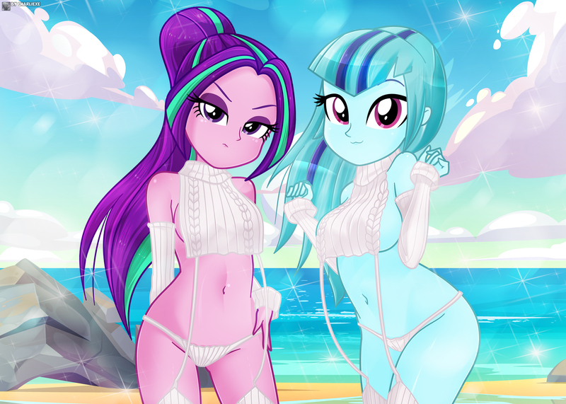 Size: 3460x2468 | Tagged: suggestive, artist:charliexe, ponerpics import, aria blaze, sonata dusk, equestria girls, beach ball, bikini, breasts, clothes, image, jpeg, swimsuit