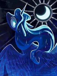 Size: 1417x1889 | Tagged: safe, artist:owl_clare, derpibooru import, princess luna, alicorn, pony, crescent moon, female, g4, image, jpeg, looking at you, looking back, looking back at you, mare, moon, solo, spread wings, wings