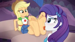 Size: 7680x4320 | Tagged: suggestive, artist:nok_2, ponerpics import, applejack, rarity, equestria girls, clothes, feet, fetish, foot fetish, foot focus, foot worship, image, licking, licking foot, png, tongue out