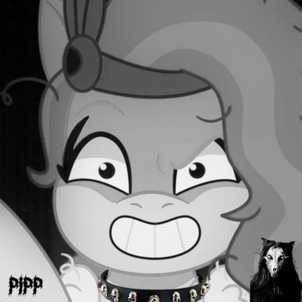 Size: 720x720 | Tagged: safe, derpibooru import, edit, edited screencap, screencap, pipp petals, pegasus, pony, g5, my little pony: tell your tale, as the misty clears, black and white, black metal, dark, evil grin, eyebrows, female, grayscale, grin, image, jpeg, makeup, mare, messy mane, metalhead, monochrome, raised eyebrow, scp foundation, smiling, solo, solo female