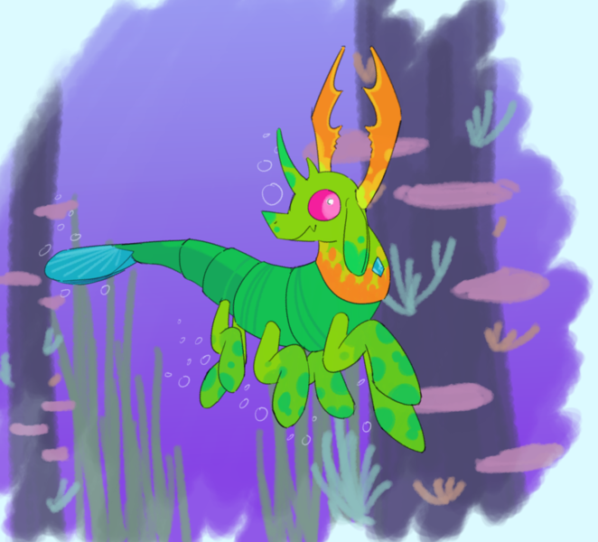 Size: 1570x1424 | Tagged: safe, artist:the---robbie72, derpibooru import, thorax, changedling, changeling, shrimp, air bubble, bubble, coral, fish tail, flowing tail, g4, gem, horns, image, king thorax, male, ocean, png, scales, seaweed, shrimpified, solo, species swap, swimming, tail, turned head, underwater, water