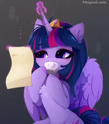 Size: 3926x4443 | Tagged: safe, artist:magnaluna, derpibooru import, twilight sparkle, twilight sparkle (alicorn), alicorn, pony, absurd resolution, cheek fluff, chest fluff, crown, cup, cute, drink, drinking, eyebrows, eyebrows visible through hair, female, g4, glow, glowing horn, hoof hold, horn, image, jewelry, levitation, magic, magic aura, mare, png, reading, regalia, scroll, solo, teacup, telekinesis, twiabetes, wings