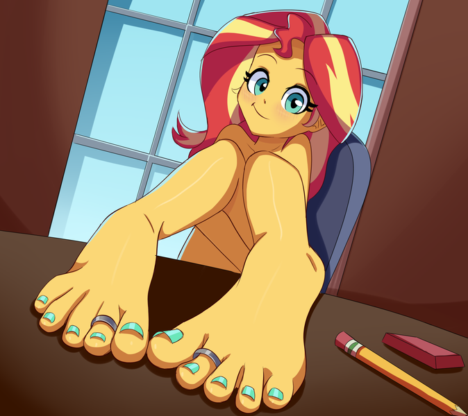 Size: 1550x1380 | Tagged: suggestive, artist:nok_2, ponerpics import, sunset shimmer, equestria girls, breasts, chair, clothes, desk, eraser, feet, fetish, foot fetish, foot focus, image, pencil, png, smiling, smirk, toe rings, toes, window