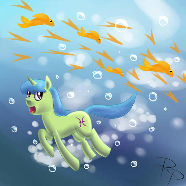 Size: 2000x2000 | Tagged: safe, artist:ruberphoenix, derpibooru import, fish, pony, unicorn, bubble, crepuscular rays, female, flowing mane, flowing tail, horn, image, jpeg, mare, ocean, open mouth, pisces, pisces (g4), ponyscopes, solo, solo female, sunlight, swimming, tail, underwater, water