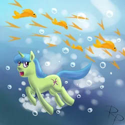 Size: 2000x2000 | Tagged: safe, artist:ruberphoenix, derpibooru import, fish, pony, unicorn, bubble, crepuscular rays, female, flowing mane, flowing tail, horn, image, jpeg, mare, ocean, open mouth, pisces, pisces (g4), ponyscopes, solo, solo female, sunlight, swimming, tail, underwater, water