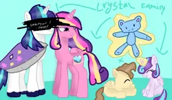 Size: 1080x630 | Tagged: safe, artist:milochanz!, derpibooru import, princess cadance, princess flurry heart, oc, pony, 2022, base used, cape, clothes, colt, crystal family, derpibooru exclusive, female, filly, foal, image, magic, magic aura, male, mare, not pound cake, old art, plushie, png, shipping, stallion, teddy bear, unknown