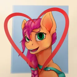 Size: 2000x2000 | Tagged: safe, artist:tenebrisnoctus, derpibooru import, sunny starscout, earth pony, pony, g5, bust, female, gradient background, heart, high res, image, looking at you, mare, open mouth, open smile, passepartout, png, smiling, smiling at you, solo