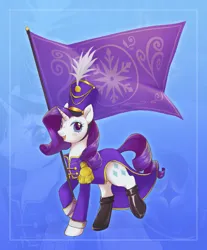 Size: 1692x2048 | Tagged: safe, artist:g4bby, derpibooru import, rarity, pony, unicorn, blue background, clothes, crystal empire flag, cute, female, flag, g4, gradient background, horn, image, jpeg, looking at you, mare, shoes, simple background, smiling, smiling at you, solo