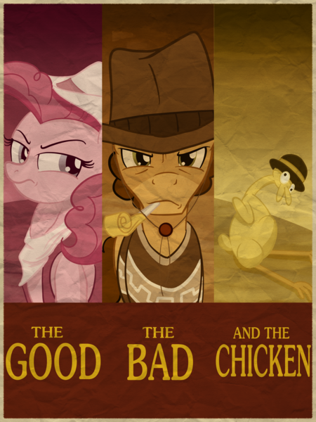 Size: 1800x2400 | Tagged: safe, artist:sixes&sevens, derpibooru import, boneless, cheese sandwich, pinkie pie, earth pony, cowboy hat, hat, image, party horn, png, poster, the good the bad and the ugly