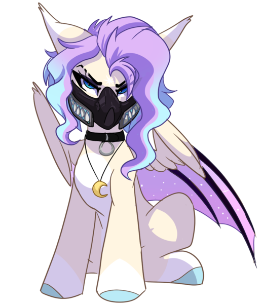 Size: 1080x1253 | Tagged: safe, artist:skyboundsiren, derpibooru import, oc, oc:dreamy nightfall, bat pony, angry, collar, female, floppy ears, hybrid wings, image, jewelry, looking at you, mask, necklace, png, slit eyebrow, wings