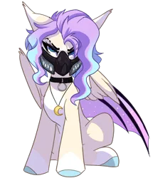 Size: 1080x1253 | Tagged: safe, artist:skyboundsiren, derpibooru import, oc, oc:dreamy nightfall, bat pony, angry, collar, female, floppy ears, hybrid wings, image, jewelry, looking at you, mask, necklace, png, slit eyebrow, wings