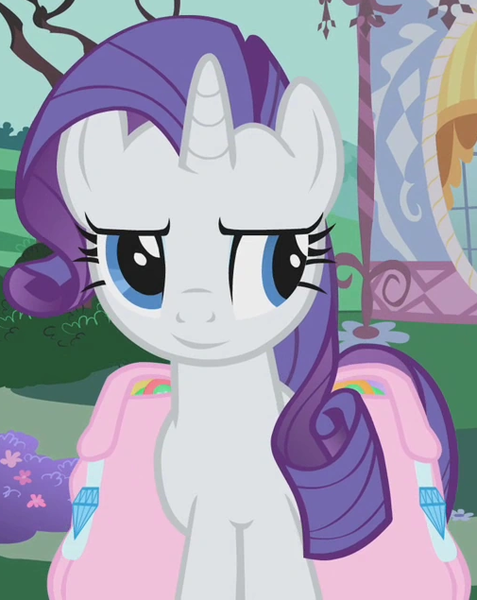 Size: 505x635 | Tagged: safe, derpibooru import, edit, edited screencap, editor:twilyisbestpone, screencap, rarity, pony, unicorn, season 1, swarm of the century, bag, cropped, female, g4, horn, image, inverted mouth, looking at something, mare, png, saddle bag, smiling, solo